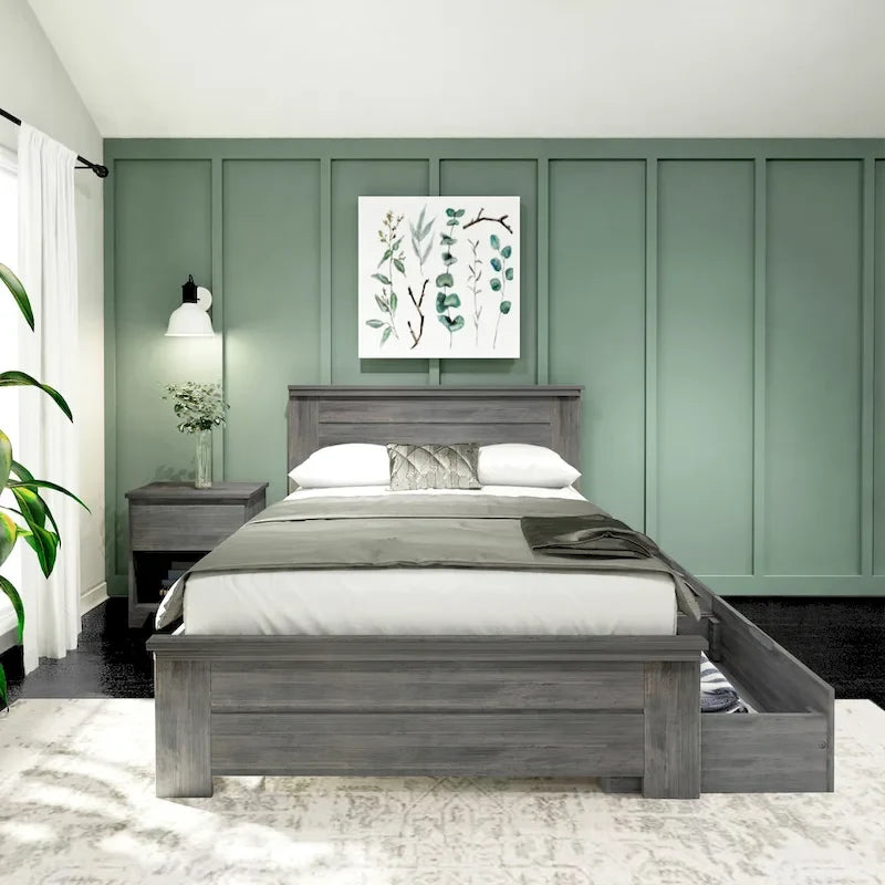 Lit double de ferme à planches et poutres avec tête de lit à panneaux et tiroirs de rangement