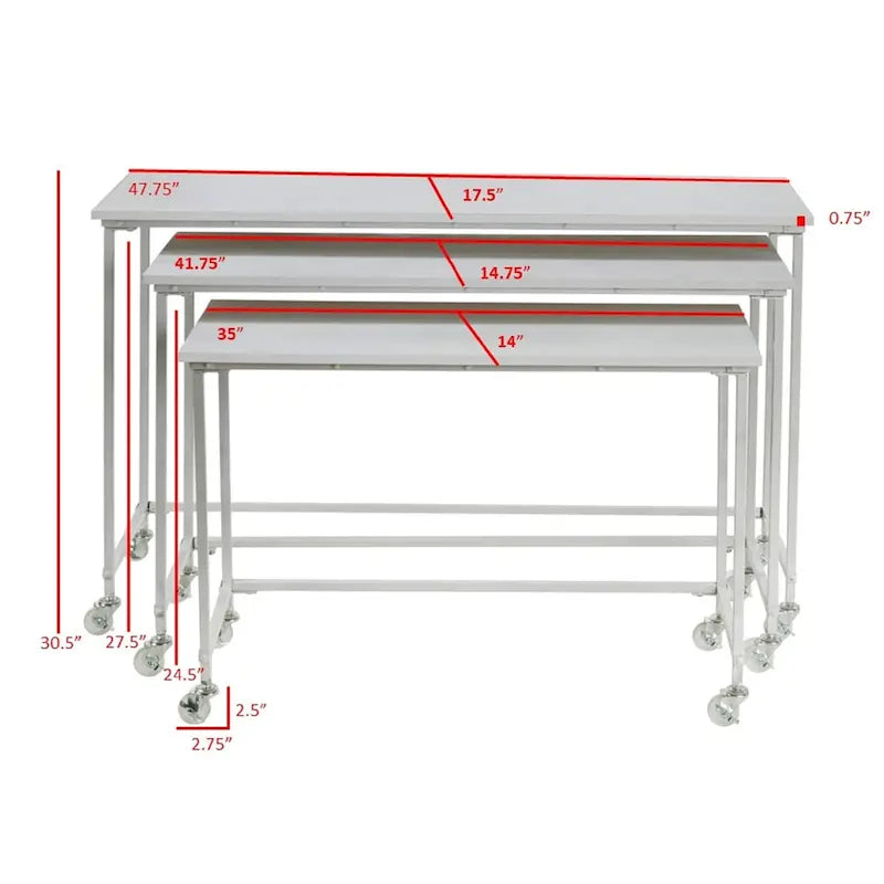 Tables gigognes blanches à roulettes, 3 pièces