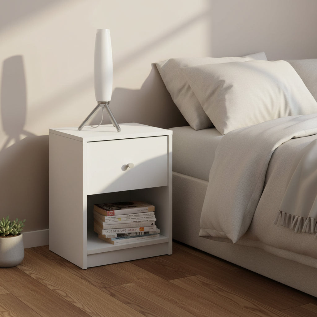 Contemporary 1-Drawer Nightstand with Storage Shelf in White