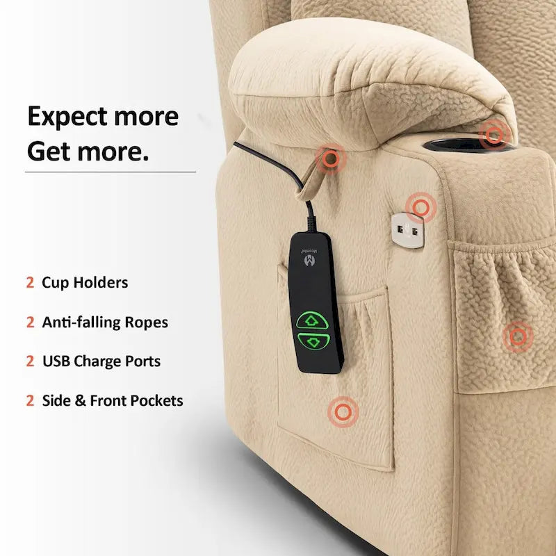 Grand fauteuil releveur inclinable avec repose-pieds étendu pour personnes âgées de grande taille et de forte corpulence, télécommande manuelle, porte-gobelets, tissu