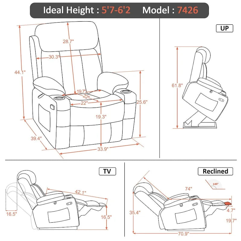 Grand fauteuil releveur inclinable avec repose-pieds étendu pour personnes âgées de grande taille et de forte corpulence, télécommande manuelle, porte-gobelets, tissu