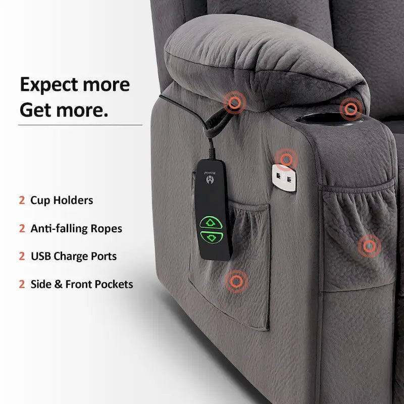 Grand fauteuil releveur inclinable avec repose-pieds étendu pour personnes âgées de grande taille et de forte corpulence, télécommande manuelle, porte-gobelets, tissu