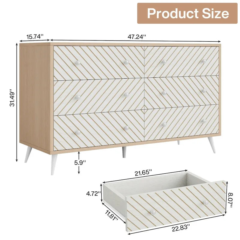 Commode à 6 tiroirs avec pieds en métal pour chambre à coucher, salon, entrée