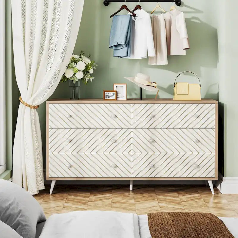 Commode à 6 tiroirs avec pieds en métal pour chambre à coucher, salon, entrée