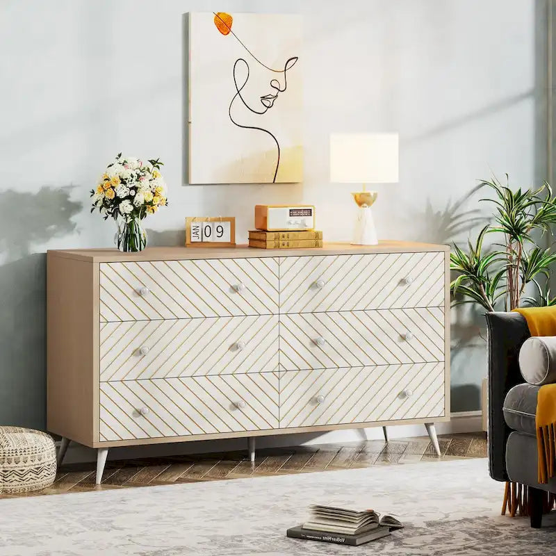 Commode à 6 tiroirs avec pieds en métal pour chambre à coucher, salon, entrée