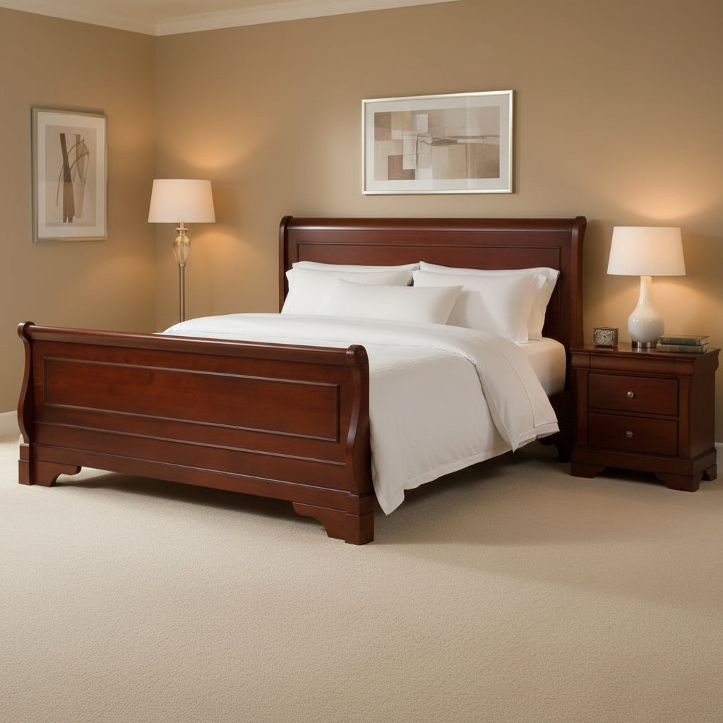 Verl King Size Bed, Classic Sleigh Panel Design, Rich Brown Poplar Wood