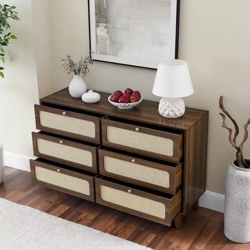 Commode moderne en rotin et bois massif avec 6 tiroirs pour chambre à coucher