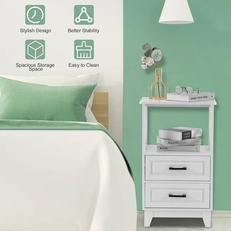 Table de chevet blanche en bois à 2 tiroirs avec rangement