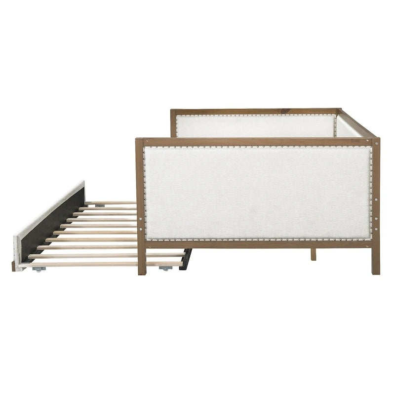 Lit de repos rembourré pleine grandeur avec lit gigogne ou 2 tiroirs et garniture cloutée