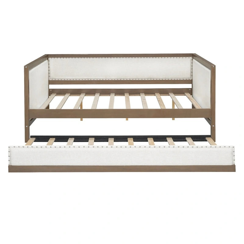 Lit de repos rembourré pleine grandeur avec lit gigogne ou 2 tiroirs et garniture cloutée