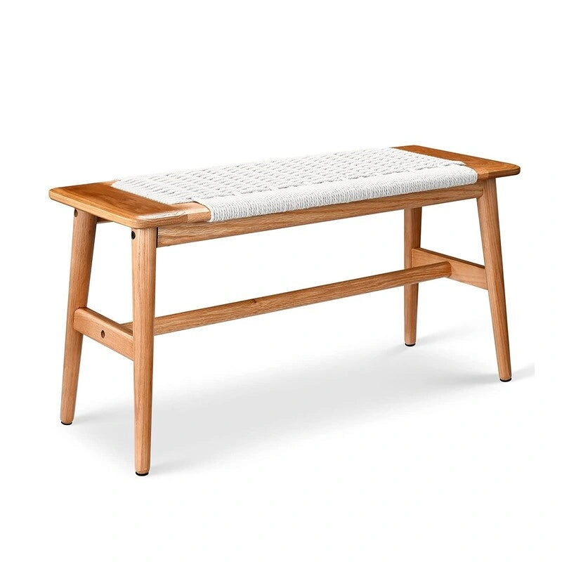 Banc d'intérieur de style bohème en chêne massif avec assise en corde tressée et assemblage tenon-mortaise pour entrée, chambre ou salle à manger