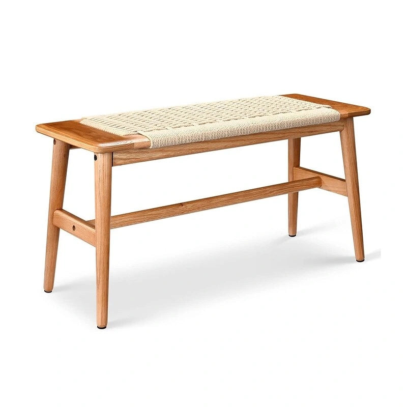 Banc d'intérieur de style bohème en chêne massif avec assise en corde tressée et assemblage tenon-mortaise pour entrée, chambre ou salle à manger