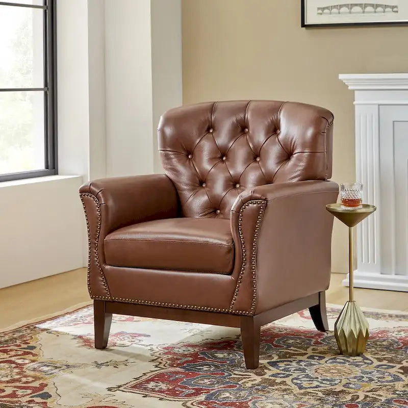 Fauteuil d'appoint traditionnel en cuir véritable Burt avec dossier à oreilles touffeté