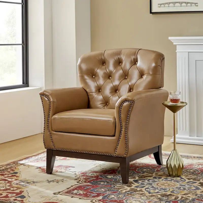 Fauteuil d'appoint traditionnel en cuir véritable Burt avec dossier à oreilles touffeté
