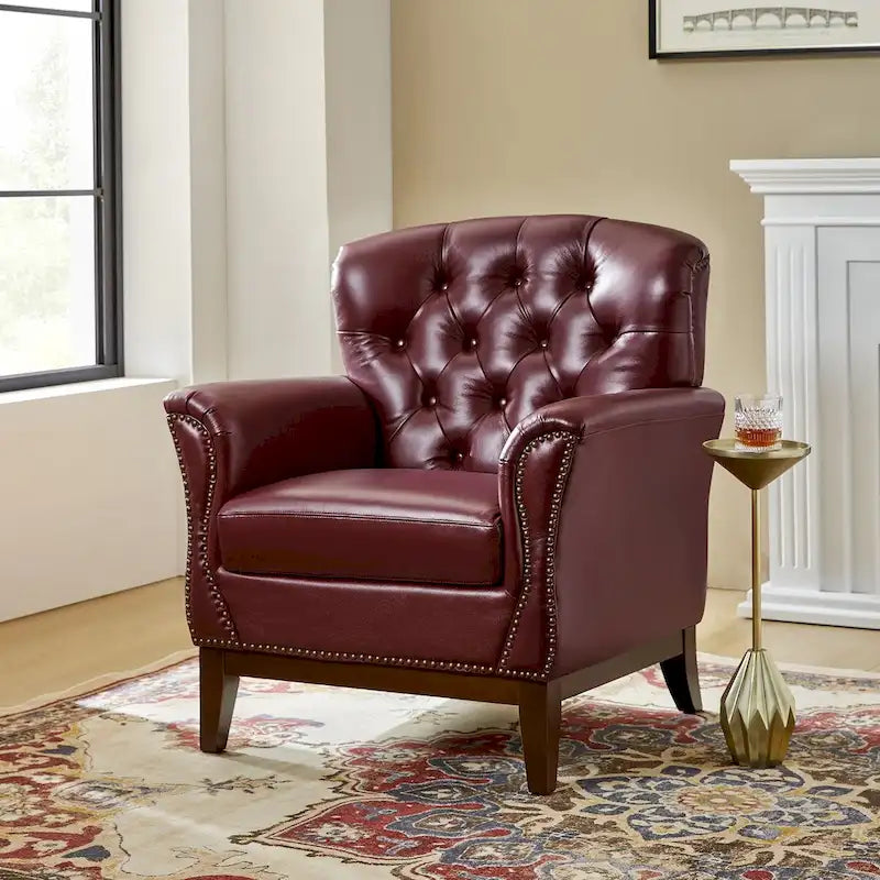 Fauteuil d'appoint traditionnel en cuir véritable Burt avec dossier à oreilles touffeté