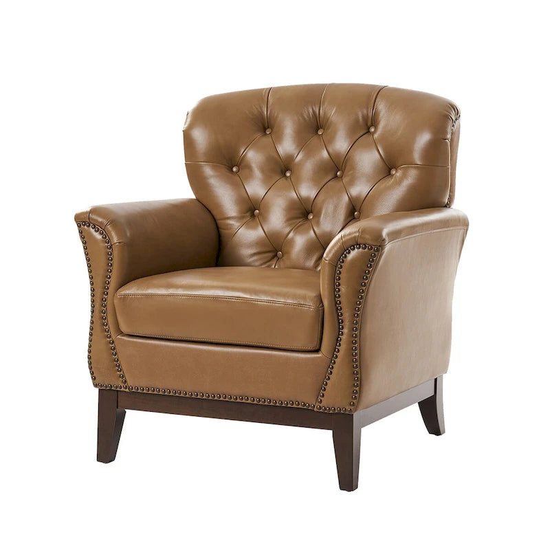 Fauteuil d'appoint traditionnel en cuir véritable Burt avec dossier à oreilles touffeté
