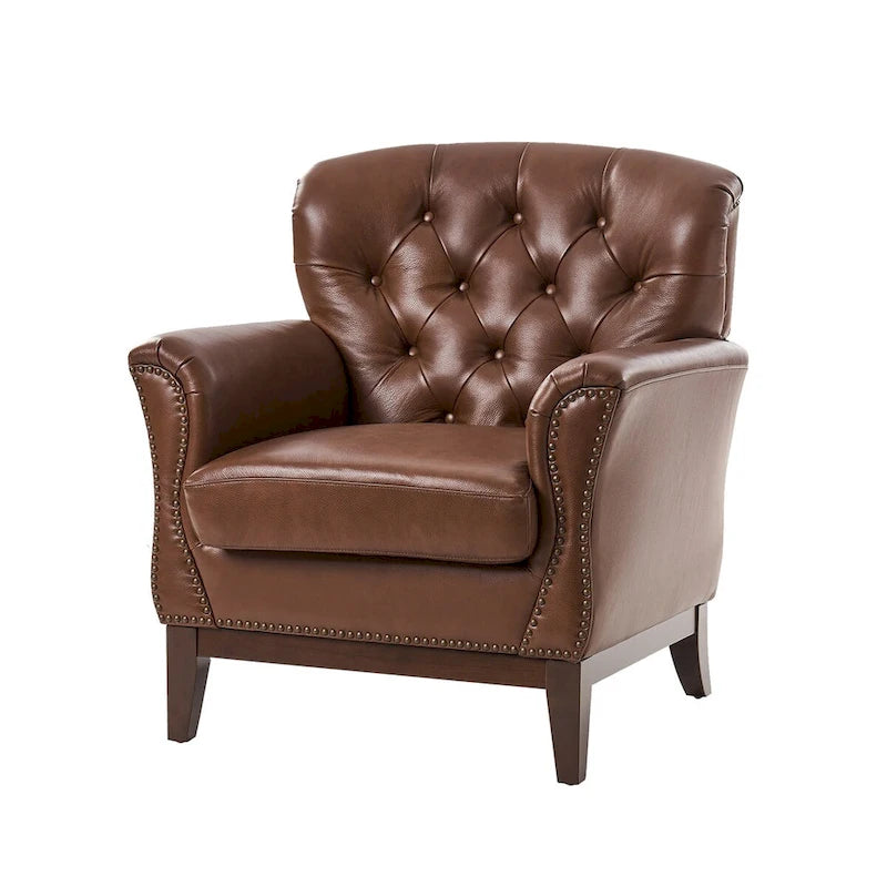 Fauteuil d'appoint traditionnel en cuir véritable Burt avec dossier à oreilles touffeté