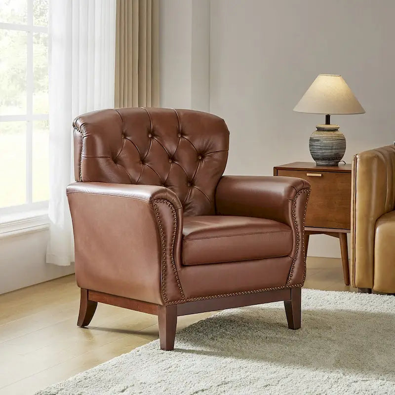 Fauteuil d'appoint traditionnel en cuir véritable Burt avec dossier à oreilles touffeté