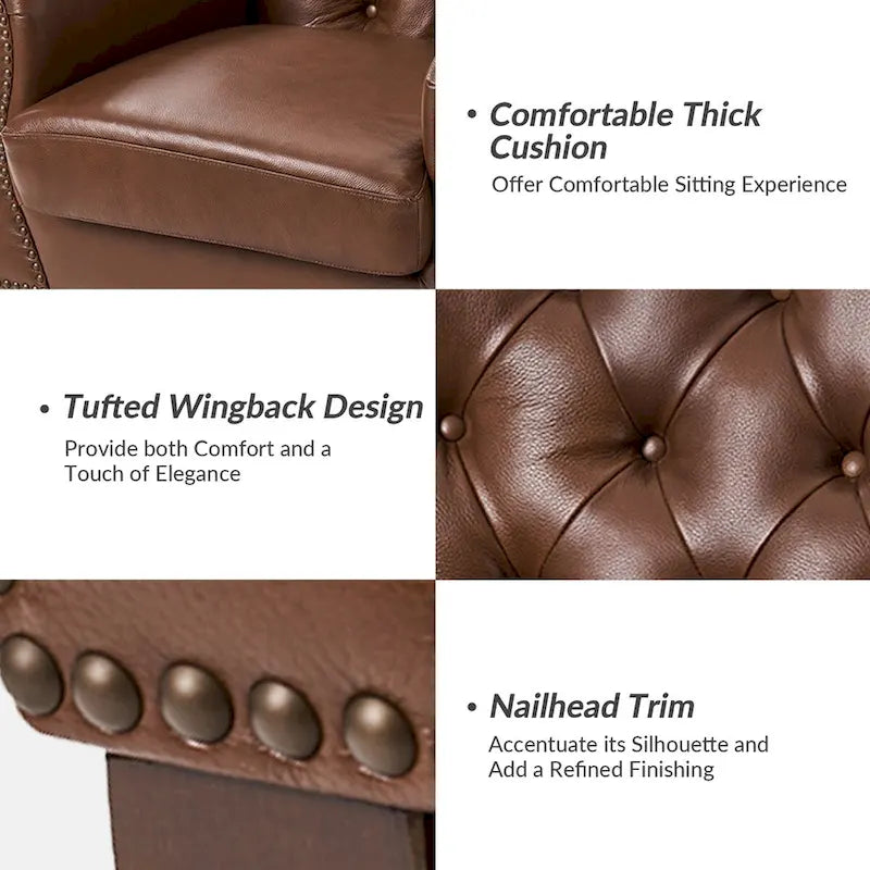 Fauteuil d'appoint traditionnel en cuir véritable Burt avec dossier à oreilles touffeté