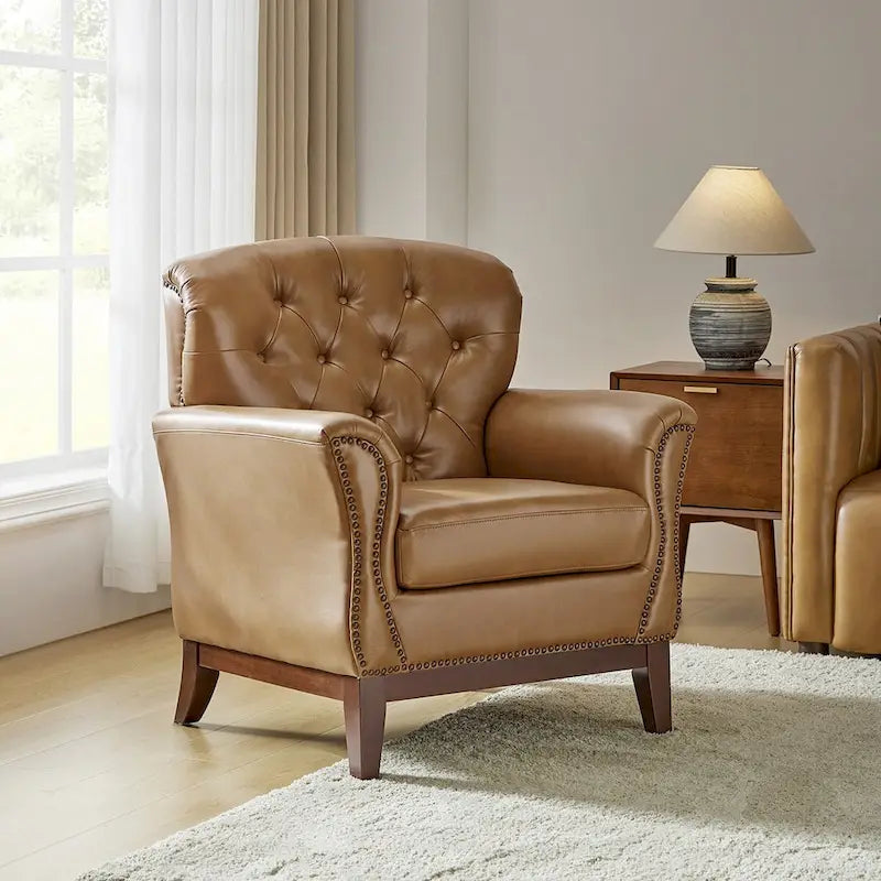 Fauteuil d'appoint traditionnel en cuir véritable Burt avec dossier à oreilles touffeté