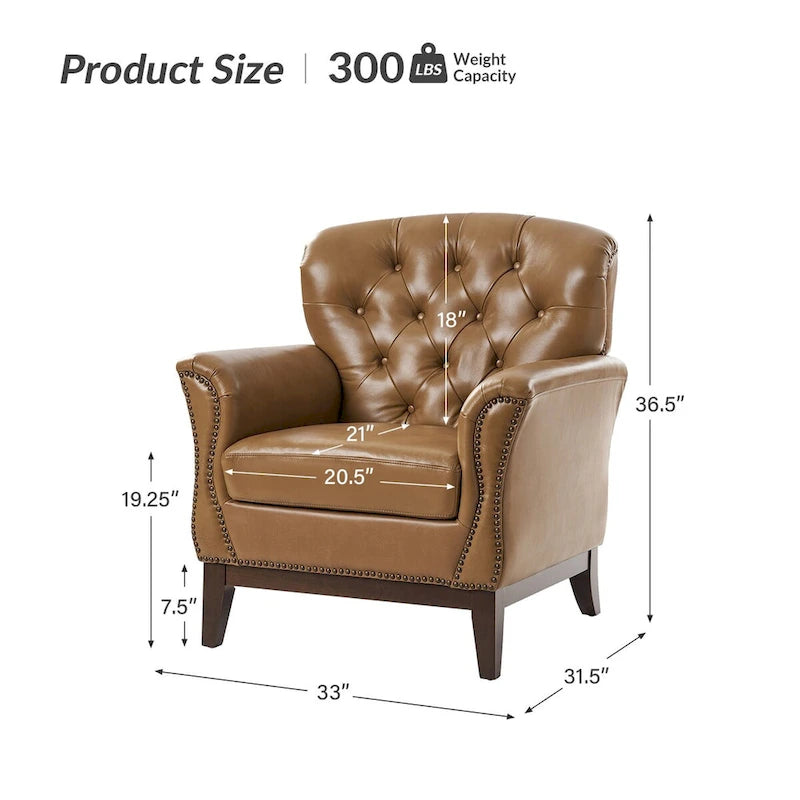 Fauteuil d'appoint traditionnel en cuir véritable Burt avec dossier à oreilles touffeté