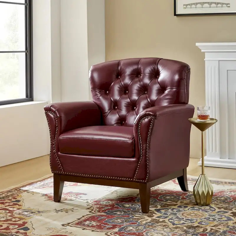 Fauteuil d'appoint traditionnel en cuir véritable Burt avec dossier à oreilles touffeté