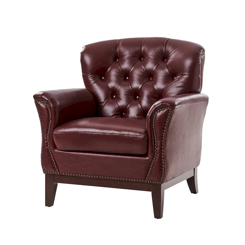 Fauteuil d'appoint traditionnel en cuir véritable Burt avec dossier à oreilles touffeté