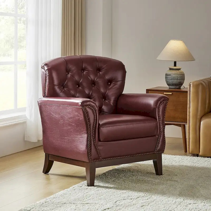 Fauteuil d'appoint traditionnel en cuir véritable Burt avec dossier à oreilles touffeté