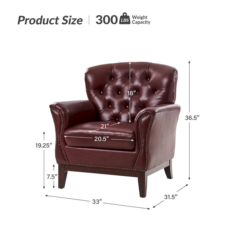 Fauteuil d'appoint traditionnel en cuir véritable Burt avec dossier à oreilles touffeté