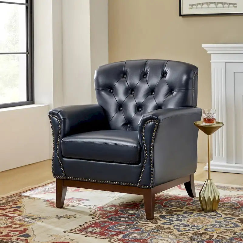 Fauteuil d'appoint traditionnel en cuir véritable Burt avec dossier à oreilles touffeté