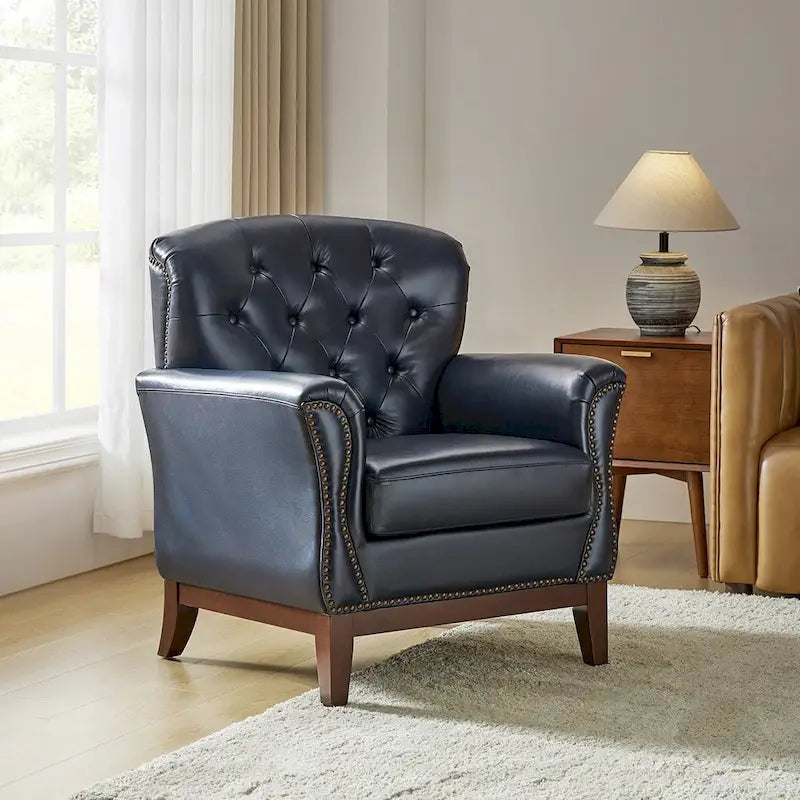 Fauteuil d'appoint traditionnel en cuir véritable Burt avec dossier à oreilles touffeté