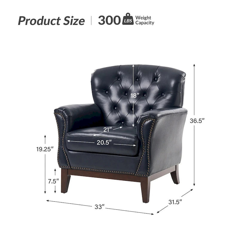 Fauteuil d'appoint traditionnel en cuir véritable Burt avec dossier à oreilles touffeté