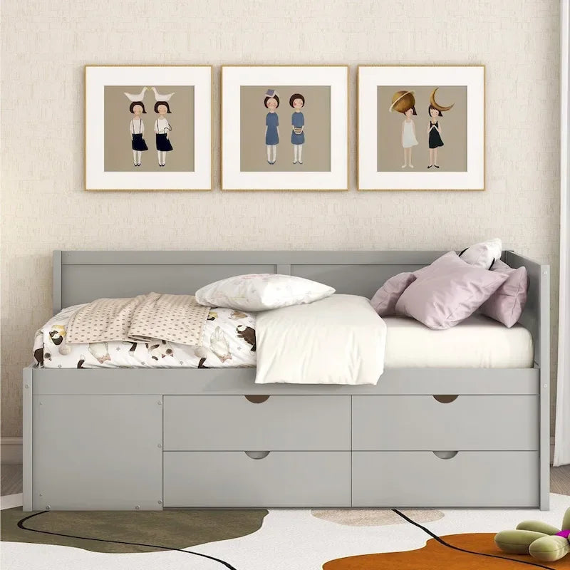 Lit banquette avec tiroirs de rangement et étagères bibliothèques, lit de coin capitaine pour enfants garçons filles adultes