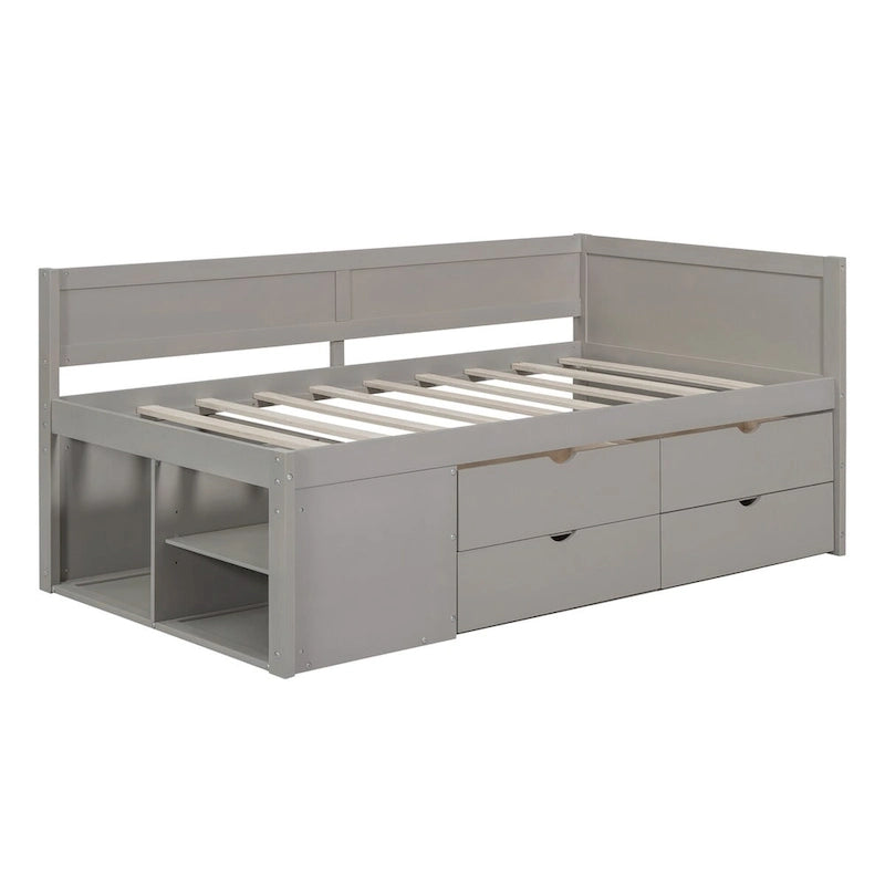 Lit banquette avec tiroirs de rangement et étagères bibliothèques, lit de coin capitaine pour enfants garçons filles adultes