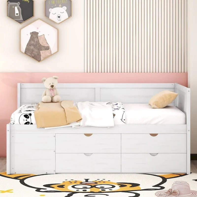 Lit banquette avec tiroirs de rangement et étagères bibliothèques, lit de coin capitaine pour enfants garçons filles adultes