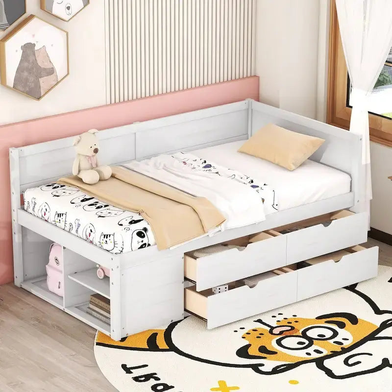 Lit banquette avec tiroirs de rangement et étagères bibliothèques, lit de coin capitaine pour enfants garçons filles adultes