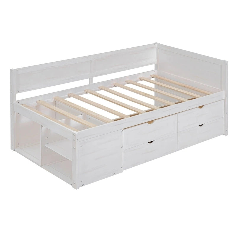 Lit banquette avec tiroirs de rangement et étagères bibliothèques, lit de coin capitaine pour enfants garçons filles adultes