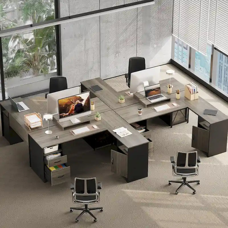 Bureau d'angle en forme de L de 63 pouces avec tiroirs de classement et de rangement et armoire, bureau d'ordinateur avec support d'écran et compartiments ouverts