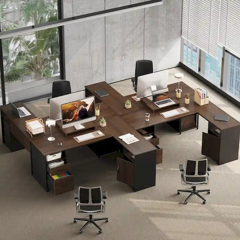 Bureau d'angle en forme de L de 63 pouces avec tiroirs de classement et de rangement et armoire, bureau d'ordinateur avec support d'écran et compartiments ouverts