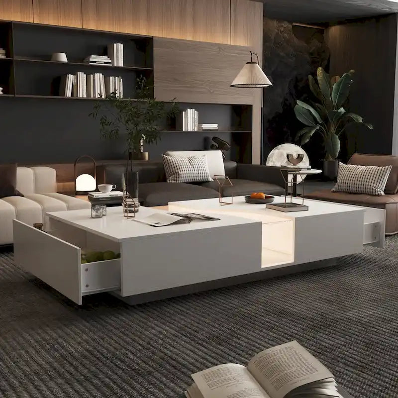 Table basse chic et lumineuse : blanc, deux tiroirs, avec plateau à affichage LED
