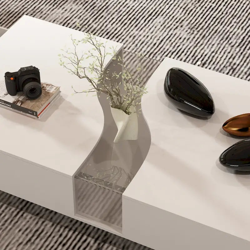 Table basse chic et lumineuse : blanc, deux tiroirs, avec plateau à affichage LED