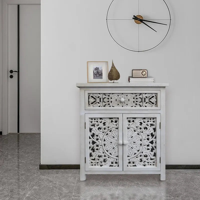 Meuble de Rangement Rustique en Bois Sculpté avec 1 Tiroir et 2 Portes, Blanc Antique, 79 cm H - 70,1 x 35,1 x 79 cm