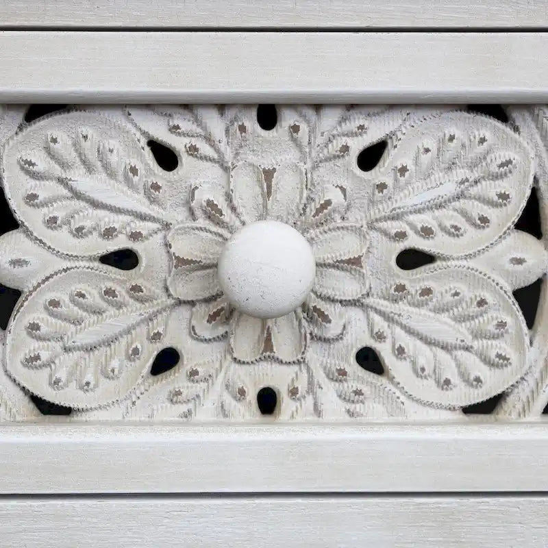 Meuble de Rangement Rustique en Bois Sculpté avec 1 Tiroir et 2 Portes, Blanc Antique, 79 cm H - 70,1 x 35,1 x 79 cm