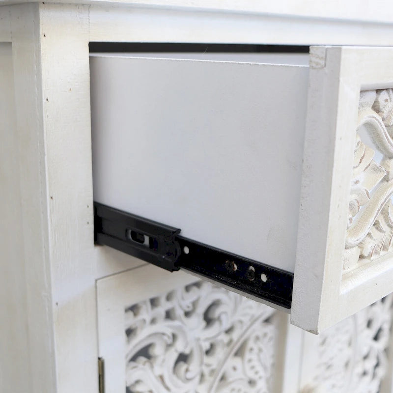 Meuble de Rangement Rustique en Bois Sculpté avec 1 Tiroir et 2 Portes, Blanc Antique, 79 cm H - 70,1 x 35,1 x 79 cm