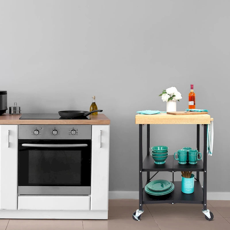 Dessus en bois massif pliable à roulettes Origami, îlot de cuisine portable, chariot de bar, argent