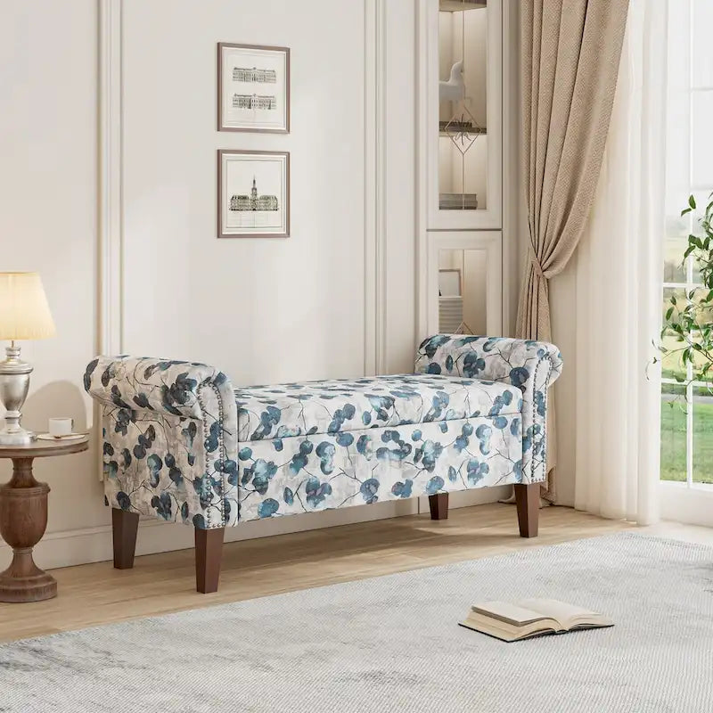 Banc de rangement ottoman traditionnel à accoudoirs roulés avec clous décoratifs