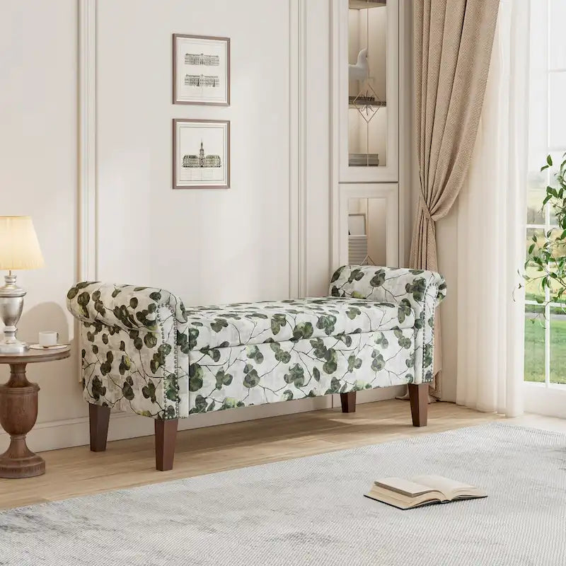 Banc de rangement ottoman traditionnel à accoudoirs roulés avec clous décoratifs